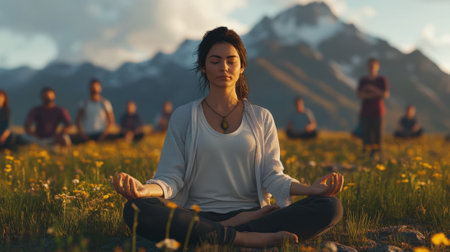 Woman Meditating in Nature with Mountain Backdrop. High quality photoの素材