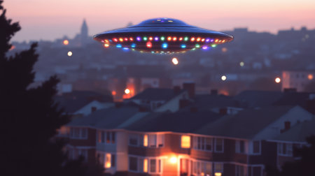 Traditional UFO in disc shape and multicolored in city. High quality photoの素材