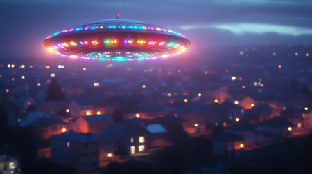 Traditional UFO in disc shape and multicolored in city. High quality photoの素材