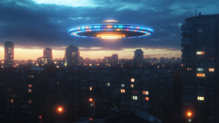 Traditional UFO in disc shape and multicolored in city. High quality photoの素材
