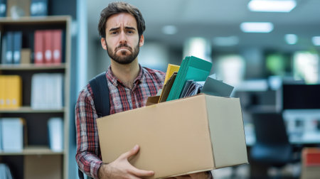 Upset office worker holding cardboard box with work belongings - employee termination. High quality photoの素材