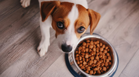 Top view of cute dog feeding from bowl of dog food. High quality photoの素材