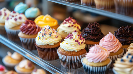 Assorted cream cupcakes in bakery display close-up. High quality photoの素材