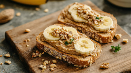 Slice of whole grain bread with peanut butter and banana. High quality photoの素材