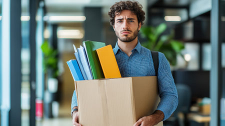 Upset office worker holding cardboard box with work belongings - employee termination. High quality photoの素材