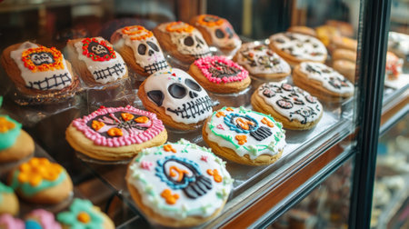 Assorted cookies in shop window for Day of the Dead celebration. High quality photoの素材