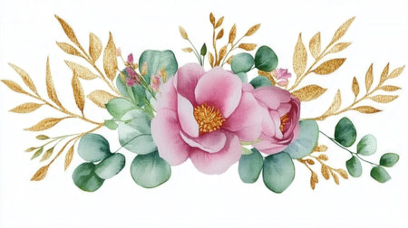 Watercolor floral bouquet with eucalyptus green leaves on white background. High quality photoの素材