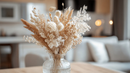 Assorted fluffy dried flowers in vase as interior decor. High quality photoの素材