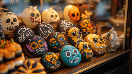 Assorted cookies in shop window for Day of the Dead celebration. High quality photoの素材
