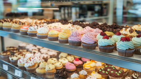 Assorted cream cupcakes in bakery display close-up. High quality photoの素材