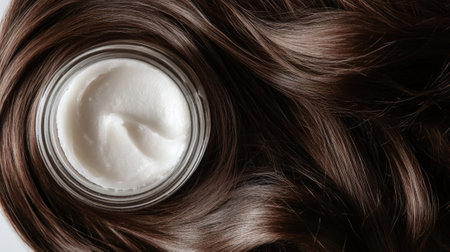 White hair mask in jar next to wavy chestnut hair. High quality photoの素材