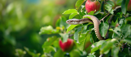 Snake on an Apple Tree in a Summer Garden. High quality photoの素材