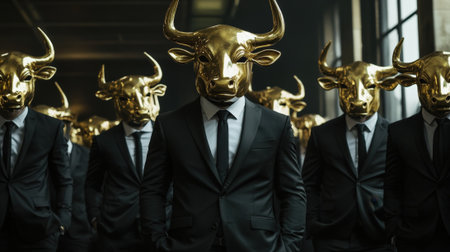 Several Men in Black Suits and Jackets with Golden buffalo. High quality photoの素材