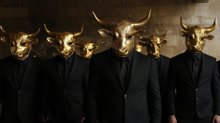 Several Men in Black Suits and Jackets with Golden buffalo. High quality photoの素材
