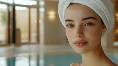 Portrait of a Woman with a Towel on Her Head at a Hotel Spa Treatment. High quality photoの素材