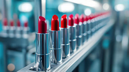 Row of Vibrant Red Lipsticks Modern Cosmetic Production. High quality photoの素材