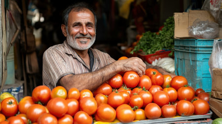 Positive Tomato Seller at the Market. High quality photoの素材