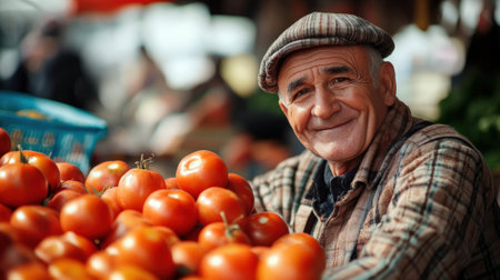 Positive Tomato Seller at the Market. High quality photoの素材