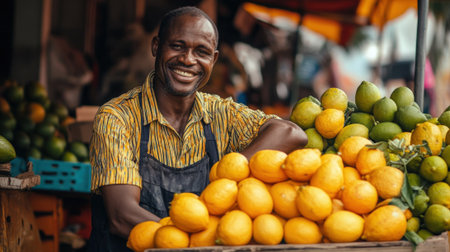 Cheerful Lemon Seller at the Market. High quality photoの素材