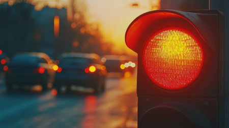 Red Traffic Light CloseUp with Road Background. Space for Text. High quality photoの素材