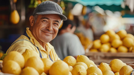 Cheerful Lemon Seller at the Market. High quality photoの素材