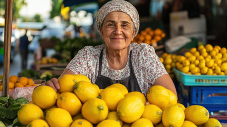 Cheerful Lemon Seller at the Market. High quality photoの素材