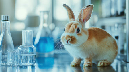 Rabbit on a Laboratory Table with Flasks in the Background. High quality photoの素材