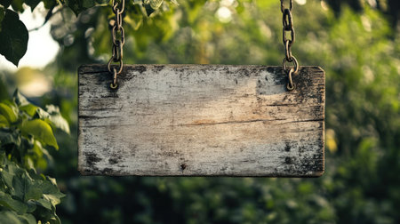 Wooden Sign Hanging on Chains Outdoors Carved Wooden Plaque with Space for Text. High quality photoの素材