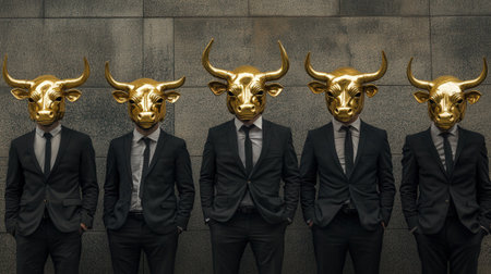 Several Men in Black Suits and Jackets with Golden buffalo. High quality photoの素材