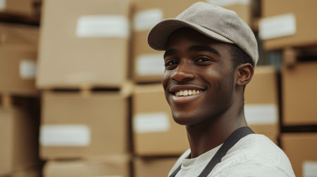 Young man in cap and overalls smiling with moving boxes - mover assisting with relocation. High quality photoの素材