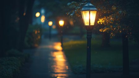 Two Street Lamps on a Sidewalk at Evening. High quality photoの素材