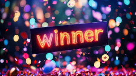 Winner sign with confetti on festive background. High quality photoの素材