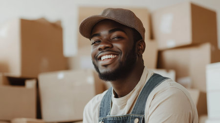 Young man in cap and overalls smiling with moving boxes - mover assisting with relocation. High quality photoの素材