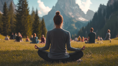 Woman meditating in nature with mountain background. High quality photoの素材