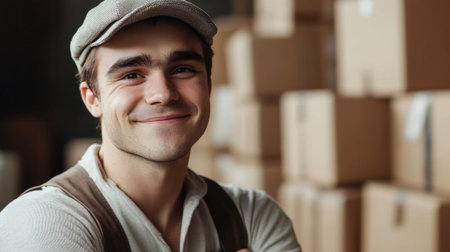 Young man in cap and overalls smiling with moving boxes - mover assisting with relocation. High quality photoの素材