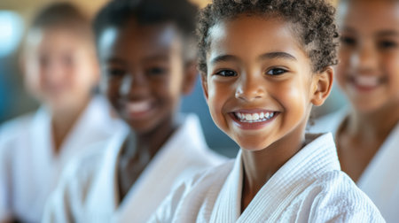 Positive children in martial arts kimonos smiling in their uniforms. High quality photoの素材