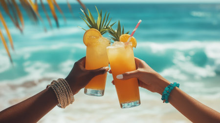 Two female hands holding cocktails on beach. High quality photoの素材