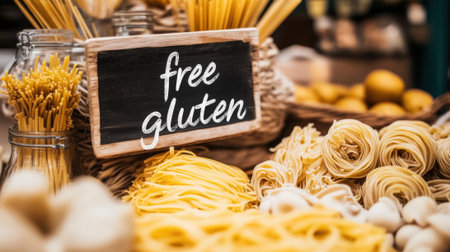 Assorted pasta and noodles with gluten-free sign. High quality photoの素材