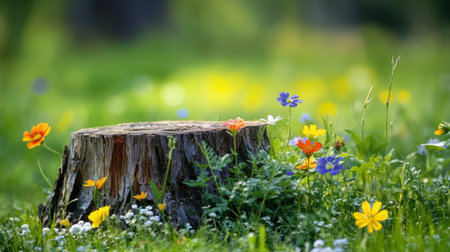 Tree stump with wildflowers around it. Podium, place for product demonstration. High quality photoの素材