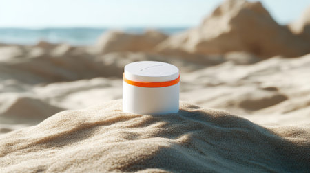 White cream tube mockup with orange cap lying in sand.の素材