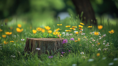 Tree stump with wildflowers around it. Podium, place for product demonstration. High quality photoの素材