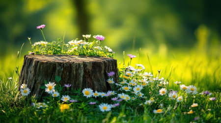 Tree stump with wildflowers around it. Podium, place for product demonstration. High quality photoの素材