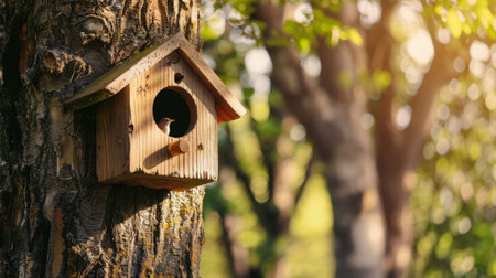 Wooden birdhouse on tree in summer park. High quality photoの素材