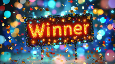 Winner sign with confetti on festive background. High quality photoの素材