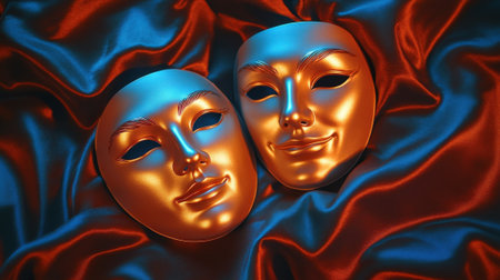Two Lightweight Theater Actor Masks Depicting Different Emotions. High quality photoの素材