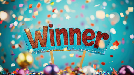 Winner sign with confetti on festive background. High quality photoの素材