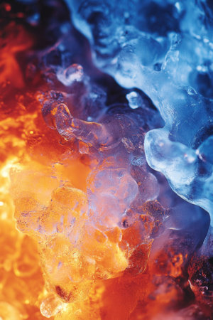 Dramatic clash of ice and fire in dynamic close-up - vertical photo. High quality photoの素材