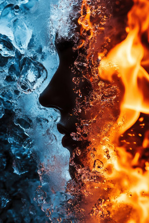 Dramatic clash of ice and fire in dynamic close-up - vertical photo. High quality photoの素材