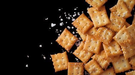 Close Up of Crispy Salty Crackers with Copy Space on Black Background. High quality photoの素材