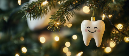 Fun Christmas Tooth Decoration Hanging on a Fir Tree. Banner with Text Space. High quality photoの素材